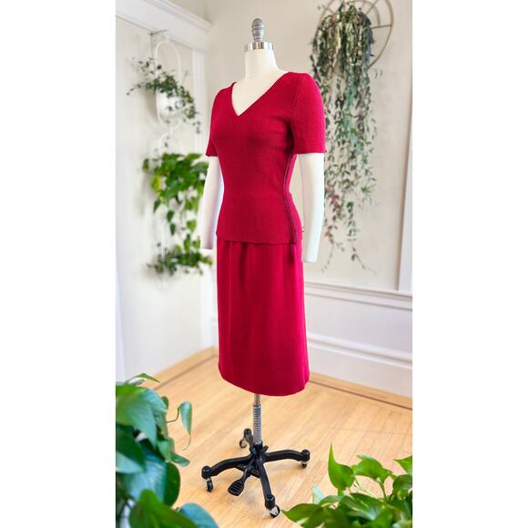Vintage 1950s Knit Set 50s Red Wool Sweater Top Skirt Matching Two Piece - Picture 4 of 8